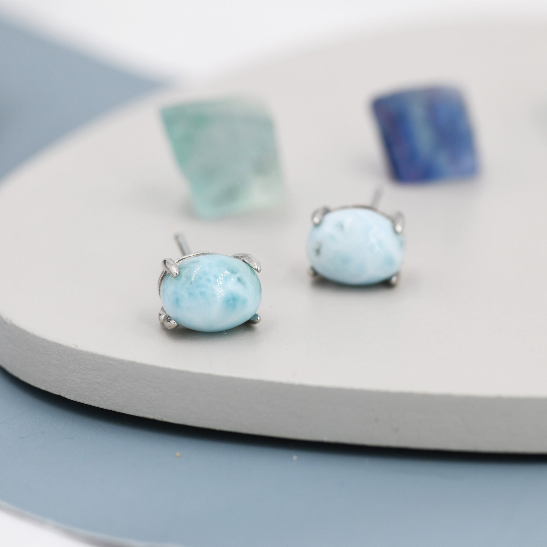 Genuine Larimar Stone Oval Stud Earrings in Sterling Silver, Blue Larimar Stud, Natural Semi-Precious Gemstones, Minimalist Earrings