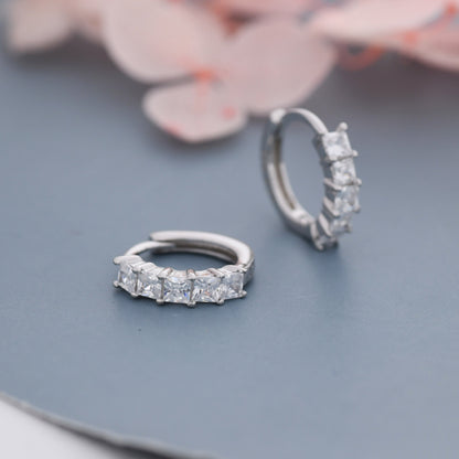 Princess Cut CZ Huggie Hoop in Sterling Silver, Silver or Gold, Minimalist Simple Hoop Earrings