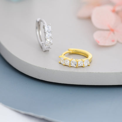 Princess Cut CZ Huggie Hoop in Sterling Silver, Silver or Gold, Minimalist Simple Hoop Earrings