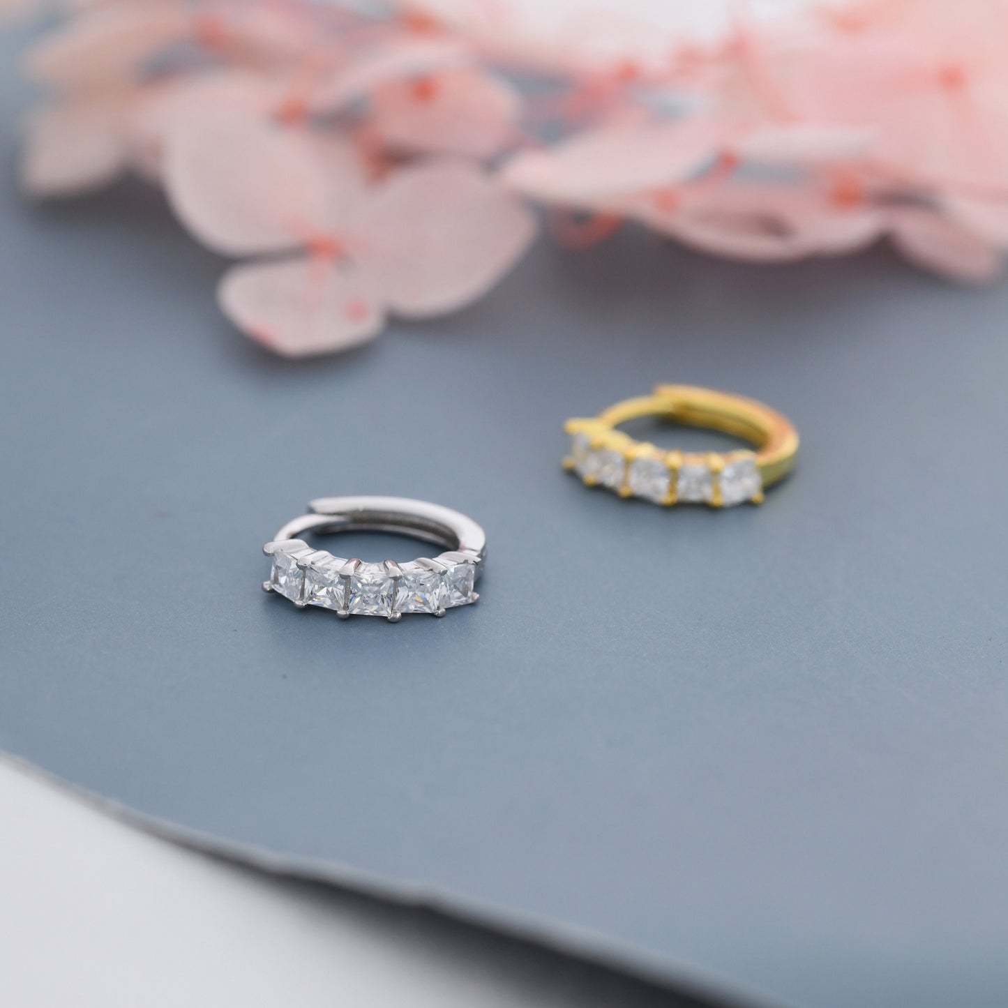 Princess Cut CZ Huggie Hoop in Sterling Silver, Silver or Gold, Minimalist Simple Hoop Earrings