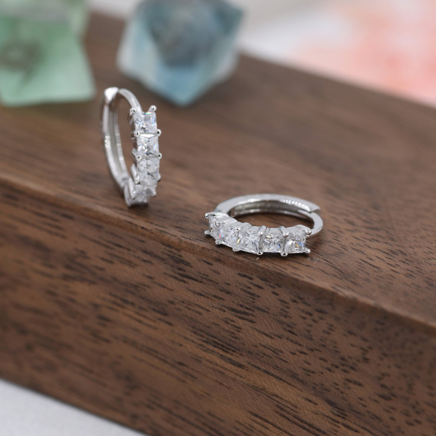 Princess Cut CZ Huggie Hoop in Sterling Silver, Silver or Gold, Minimalist Simple Hoop Earrings