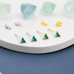 Extra Tiny Emerald Green CZ Triangle Stud Earrings in Sterling Silver, Silver or Gold, Dainty Earrings, Stacking Earrings, CZ Crystal Stud