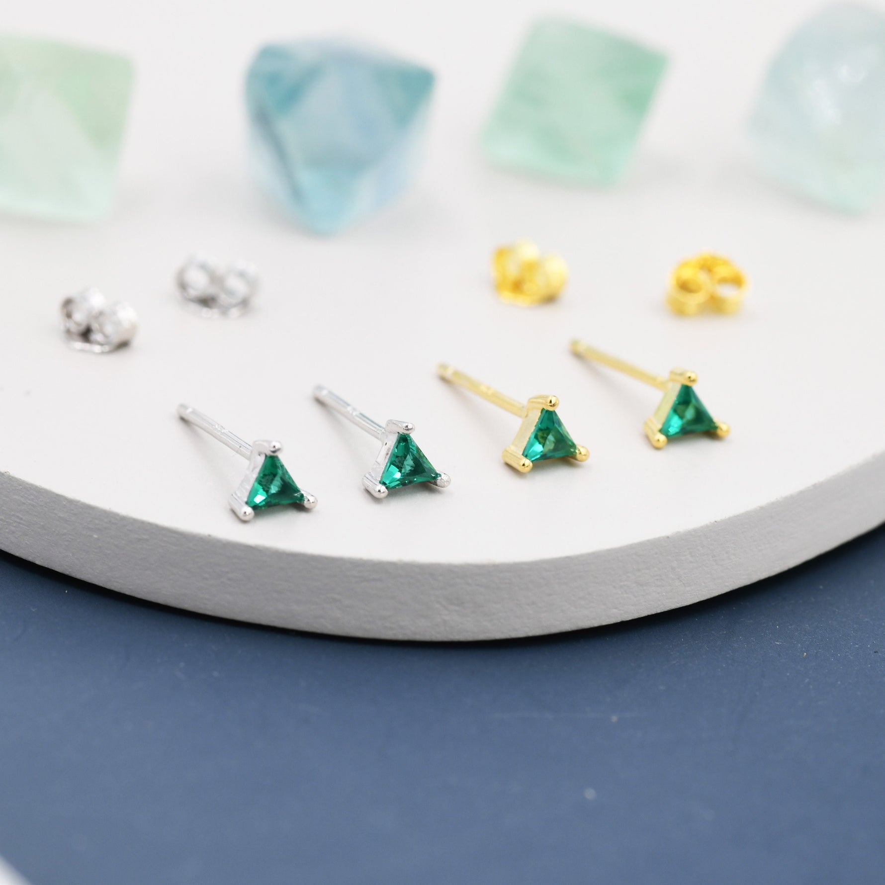 Extra Tiny Emerald Green CZ Triangle Stud Earrings in Sterling Silver, Silver or Gold, Dainty Earrings, Stacking Earrings, CZ Crystal Stud