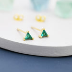 Extra Tiny Emerald Green CZ Triangle Stud Earrings in Sterling Silver, Silver or Gold, Dainty Earrings, Stacking Earrings, CZ Crystal Stud