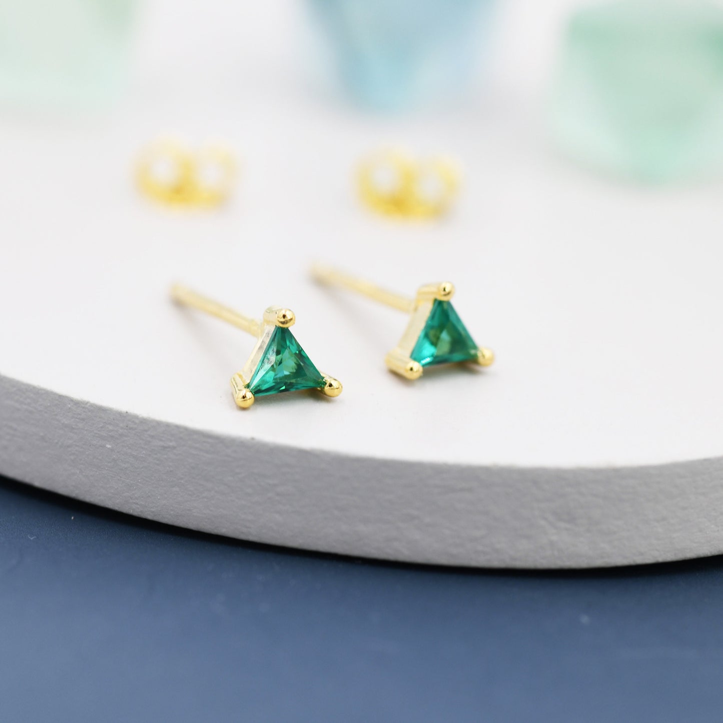 Extra Tiny Emerald Green CZ Triangle Stud Earrings in Sterling Silver, Silver or Gold, Dainty Earrings,  Stacking Earrings, CZ Crystal Stud