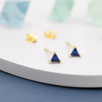 Extra Tiny Sapphire Blue CZ Triangle Stud Earrings in Sterling Silver, Silver or Gold, Dainty Earrings, Stacking Earrings, CZ Crystal Stud