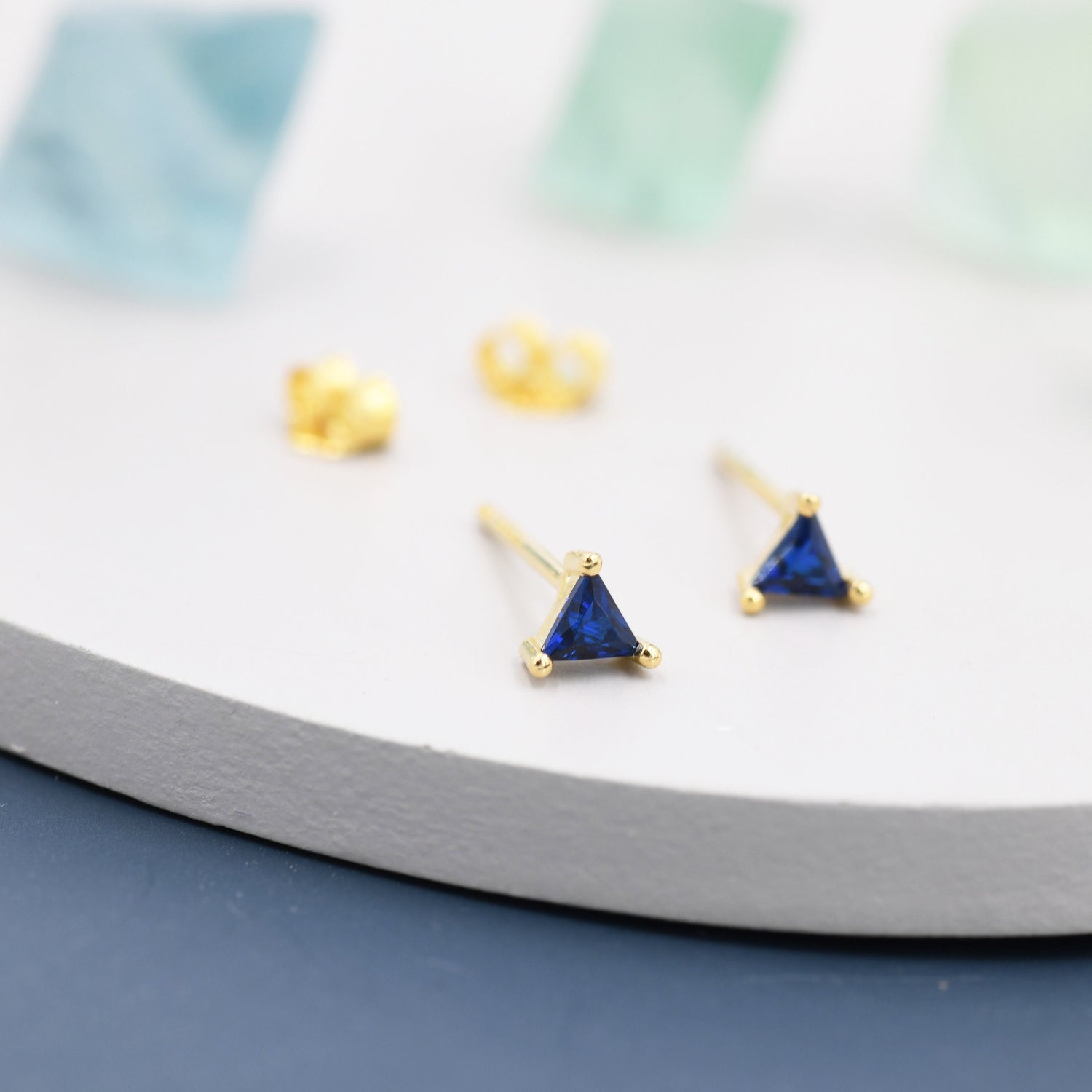 Extra Tiny Sapphire Blue CZ Triangle Stud Earrings in Sterling Silver, Silver or Gold, Dainty Earrings, Stacking Earrings, CZ Crystal Stud