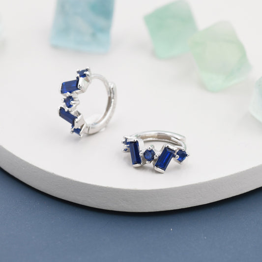 Sapphire Blue Baguette CZ Cluster Huggie Hoop in Sterling Silver, Silver or Gold, Geometric Hoop Earrings, Irregular Shaped