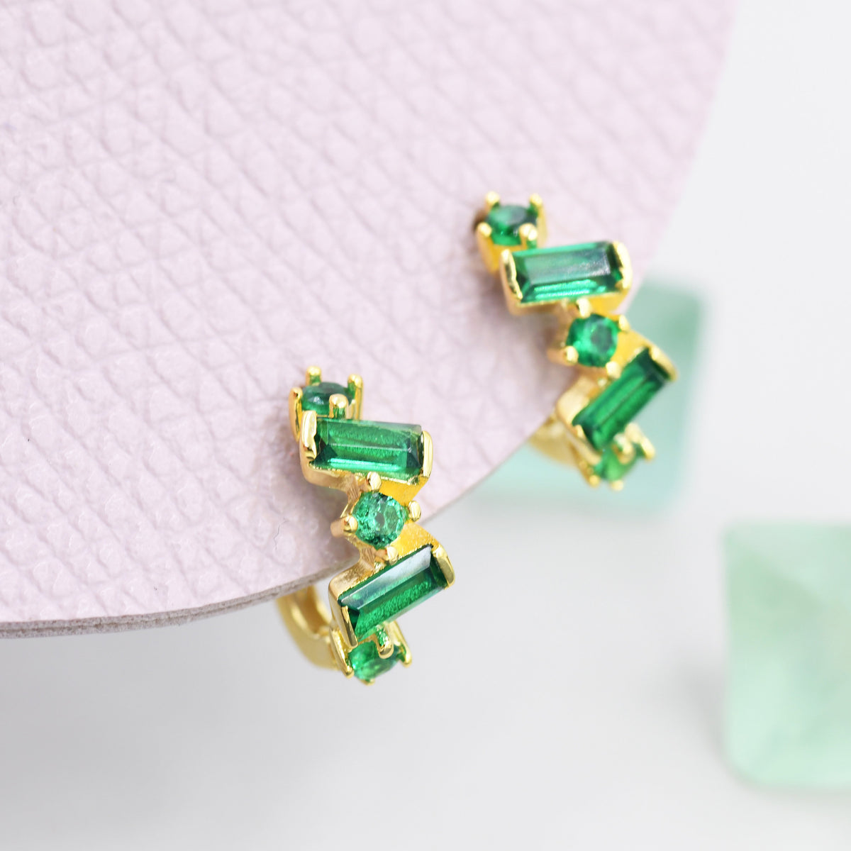 Emerald Green Baguette CZ Cluster Huggie Hoop in Sterling Silver, Silver or Gold, Geometric Hoop Earrings, Irregular Shaped