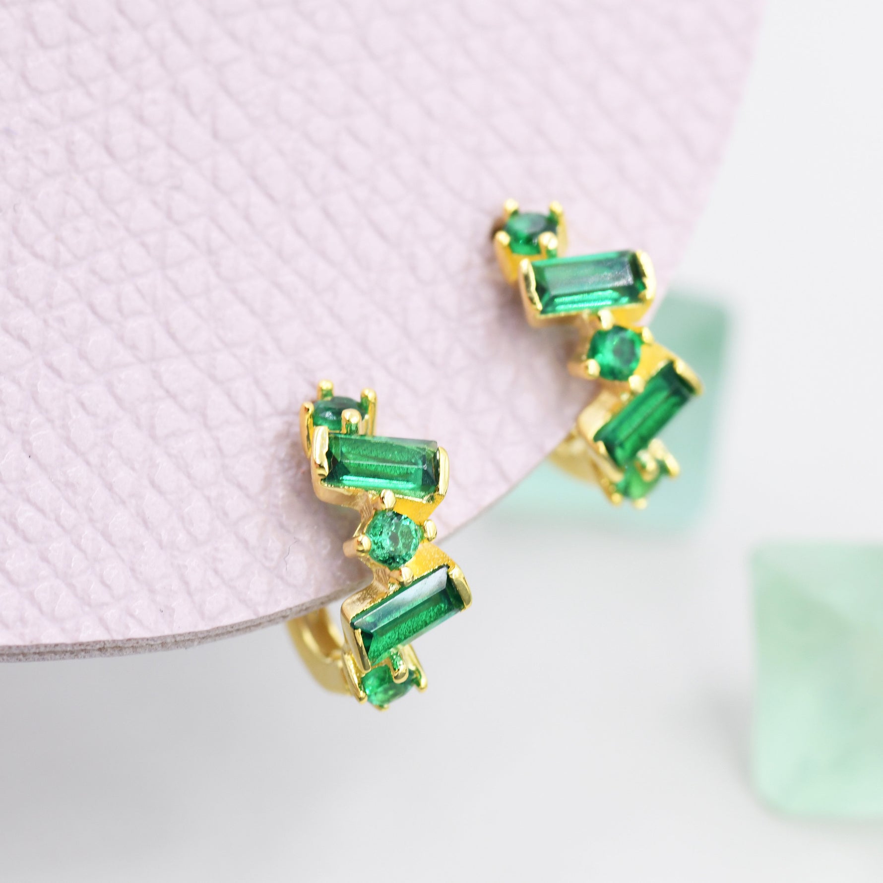 Emerald Green Baguette CZ Cluster Huggie Hoop in Sterling Silver, Silver or Gold, Geometric Hoop Earrings, Irregular Shaped