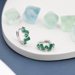 Emerald Green Baguette CZ Cluster Huggie Hoop in Sterling Silver, Silver or Gold, Geometric Hoop Earrings, Irregular Shaped
