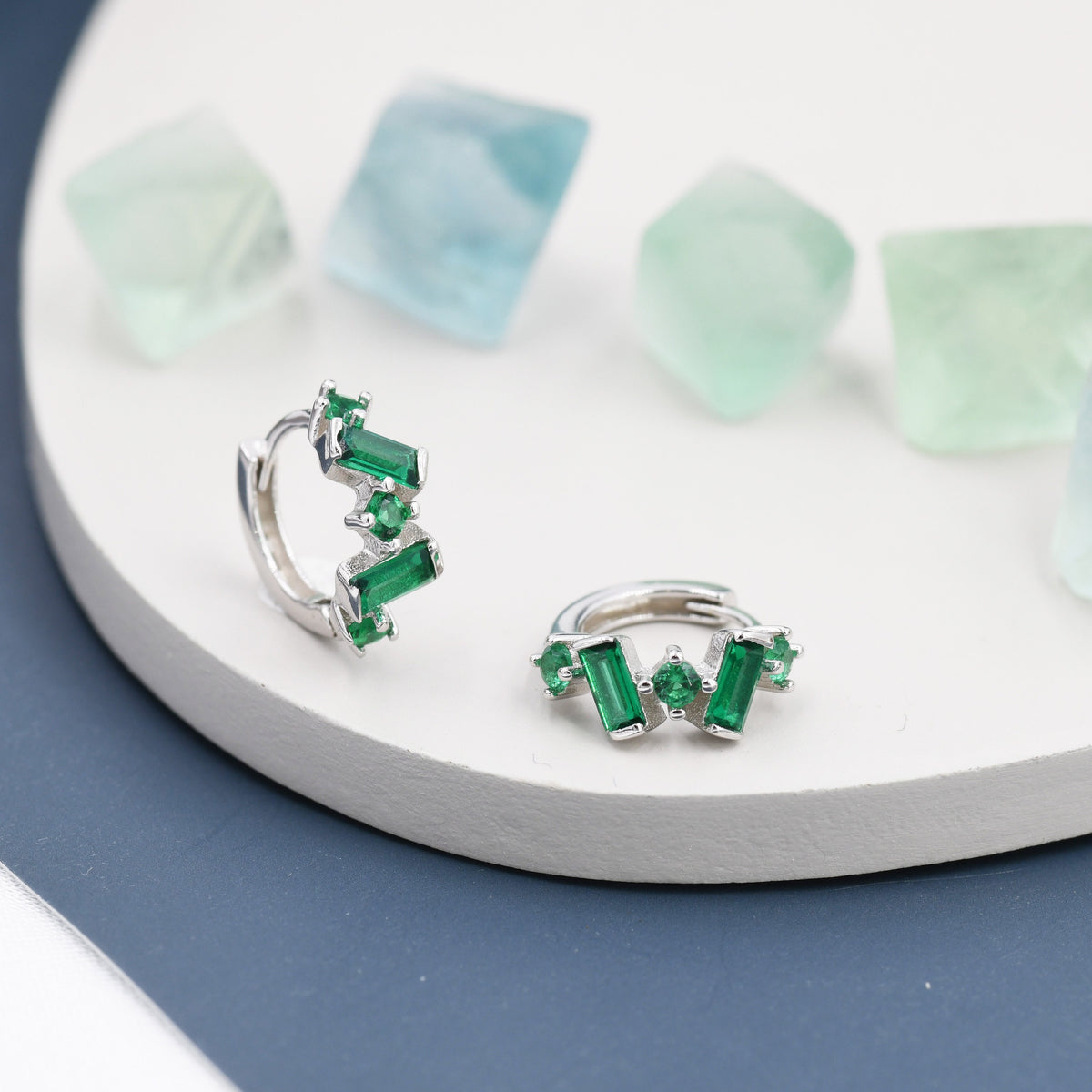 Emerald Green Baguette CZ Cluster Huggie Hoop in Sterling Silver, Silver or Gold, Geometric Hoop Earrings, Irregular Shaped