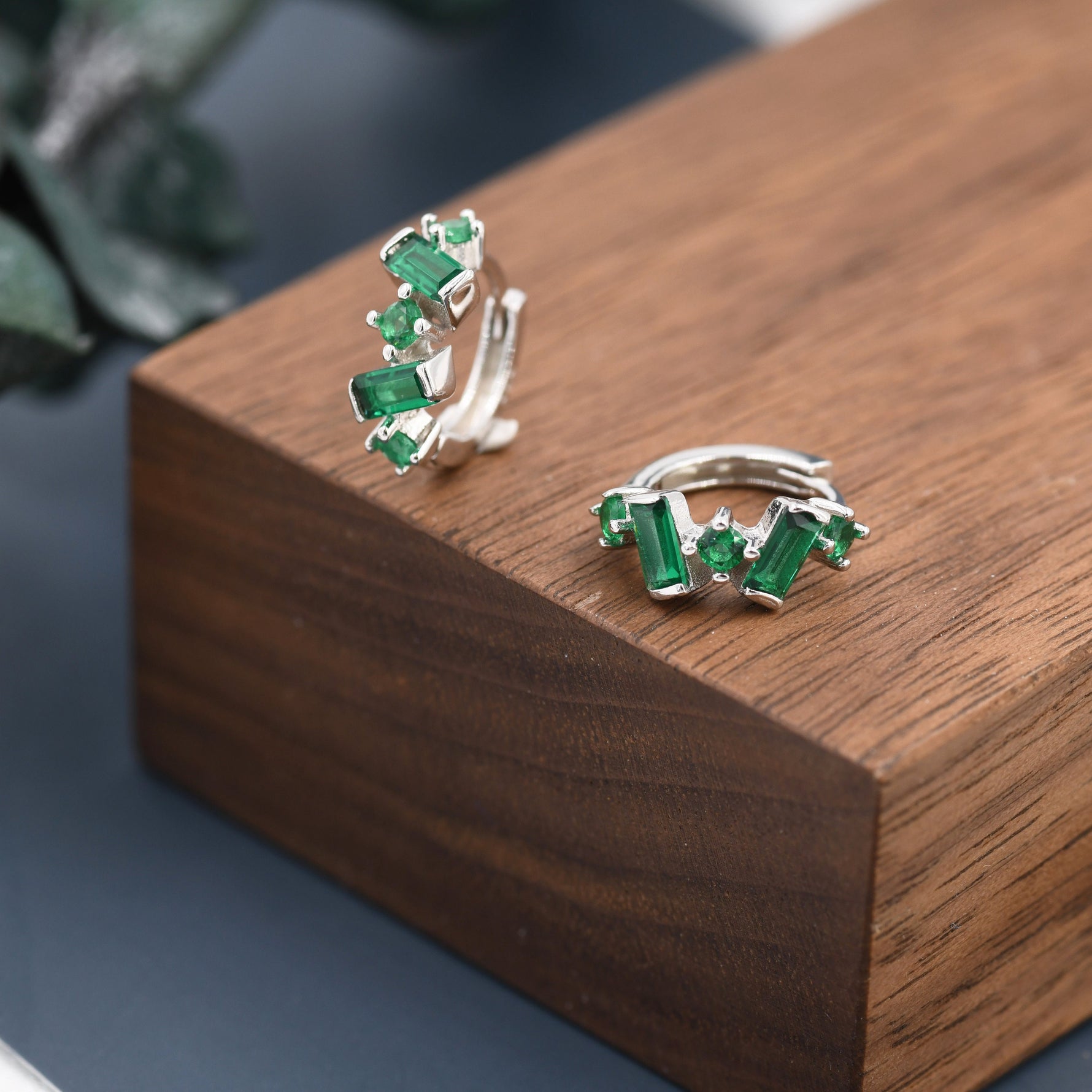 Emerald Green Baguette CZ Cluster Huggie Hoop in Sterling Silver, Silver or Gold, Geometric Hoop Earrings, Irregular Shaped
