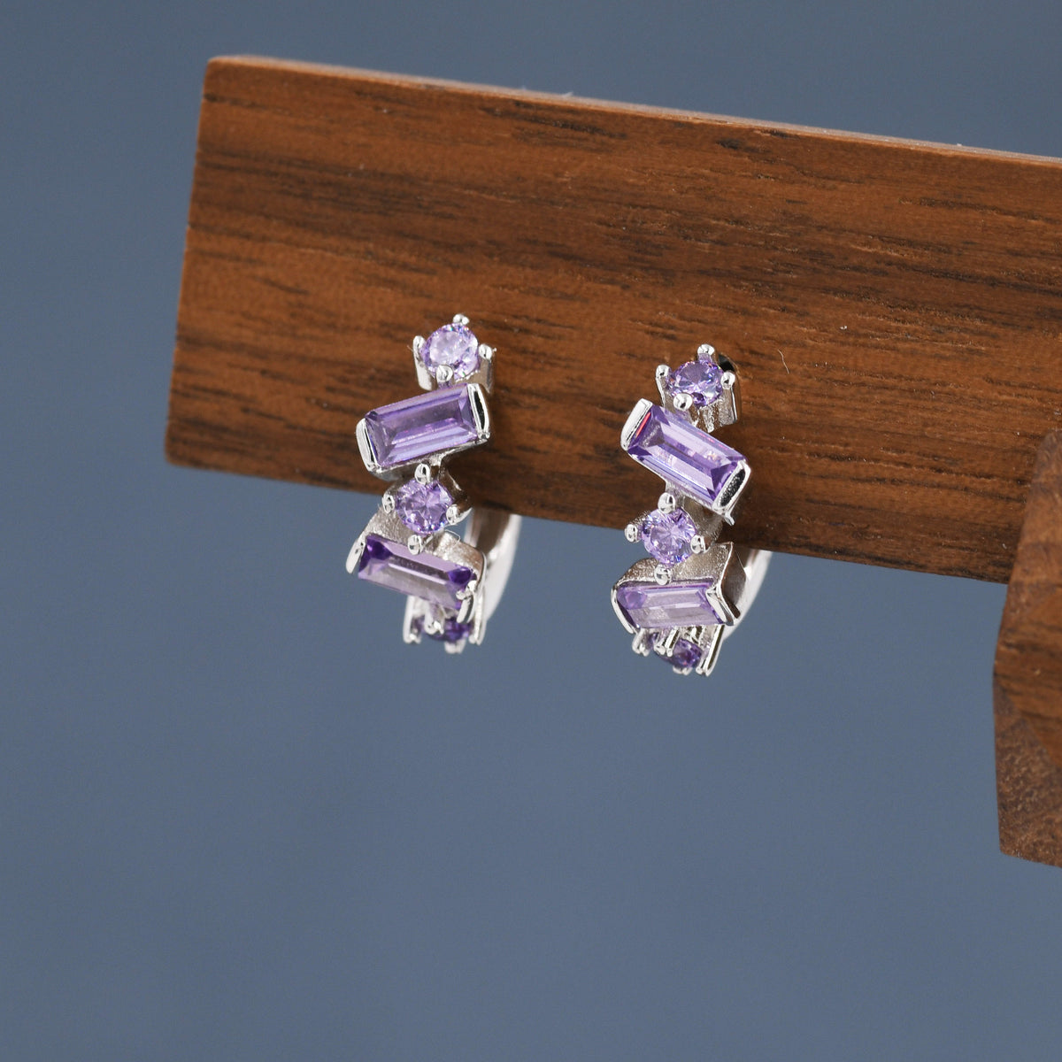 Amethyst Purple Baguette CZ Cluster Huggie Hoop in Sterling Silver, Silver or Gold, Geometric Hoop Earrings, Irregular Shaped