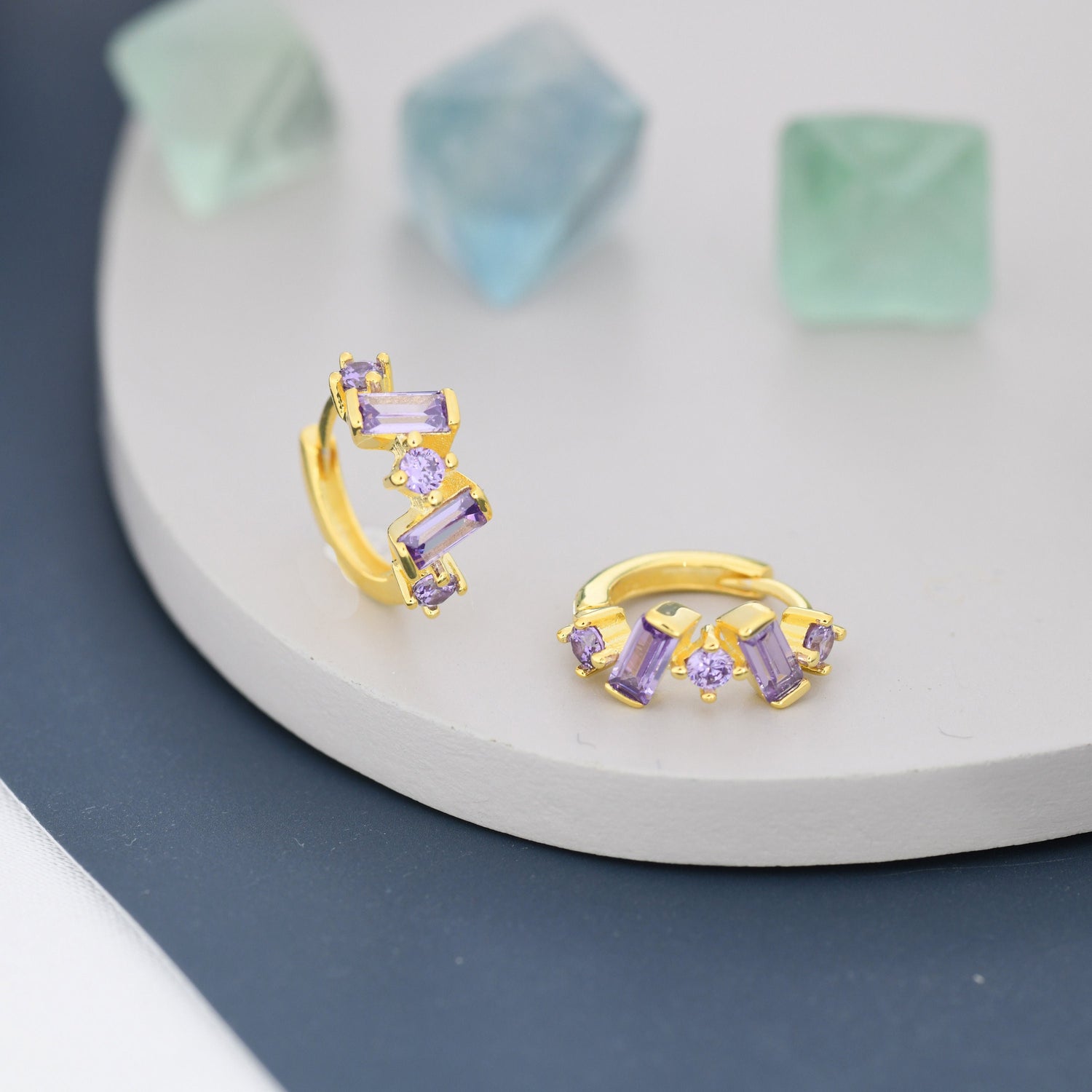 Amethyst Purple Baguette CZ Cluster Huggie Hoop in Sterling Silver, Silver or Gold, Geometric Hoop Earrings, Irregular Shaped