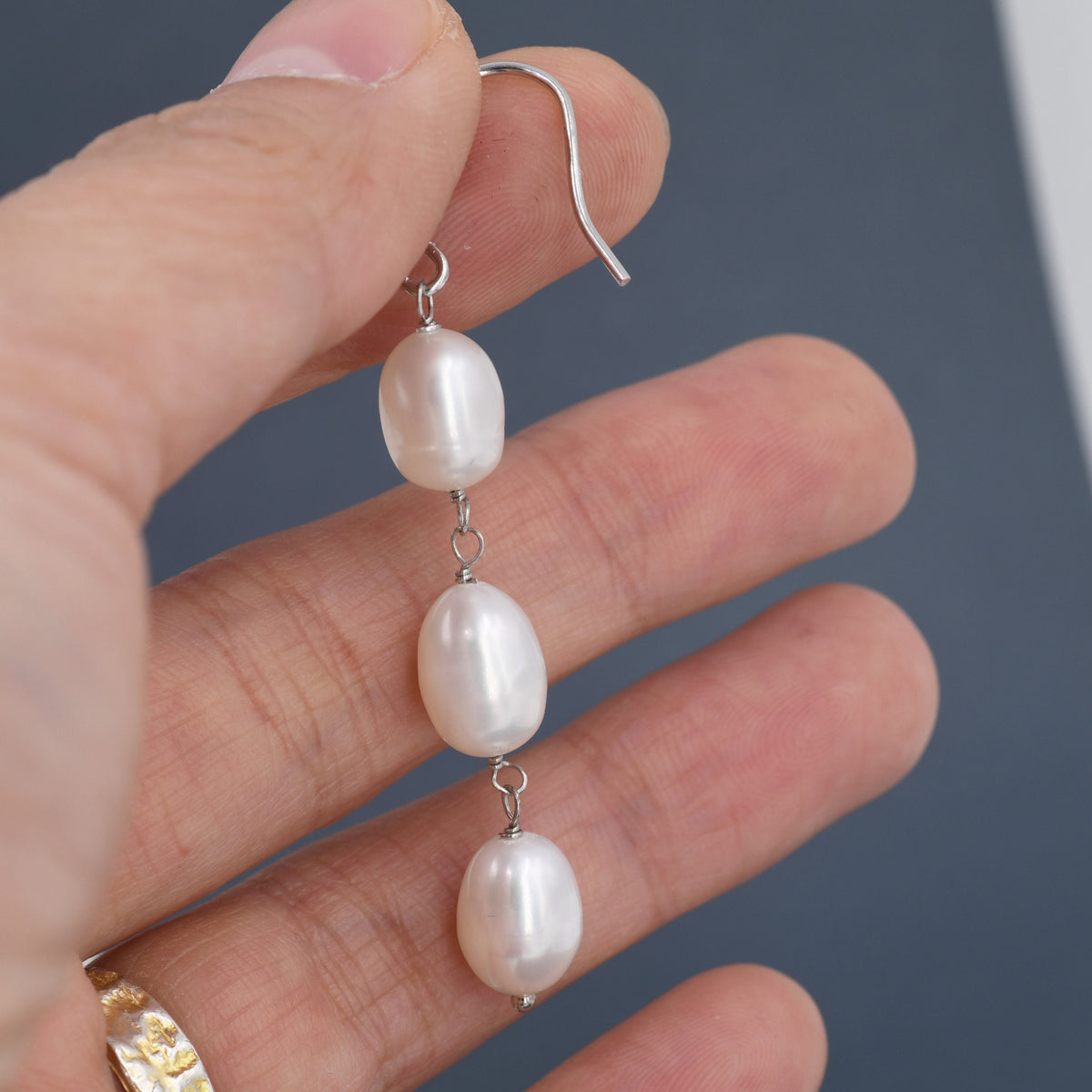 Baroque Pearl Trio Drop Hook Earrings in Sterling Silver, Silver or Gold, Long Pearl Drop Earrings, Natural Keshi Freshwater Pearl Earrings