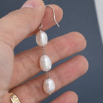 Baroque Pearl Trio Drop Hook Earrings in Sterling Silver, Silver or Gold, Long Pearl Drop Earrings, Natural Keshi Freshwater Pearl Earrings