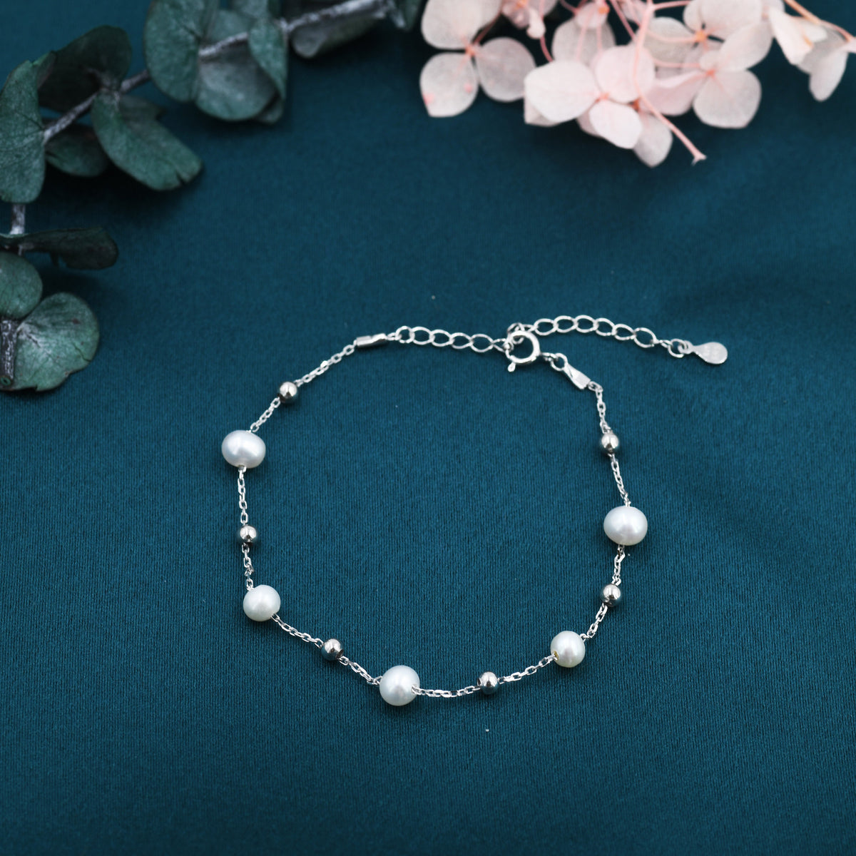 Sterling Silver Delicate Pearl and Silver Ball Beaded Bracelet, Silver or Gold, Genuine Freshwater Keshi Pearls, Natural Pearl Bracelet