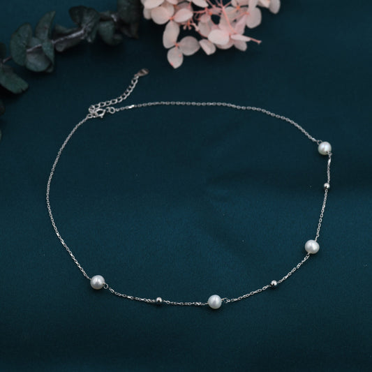 Genuine Pearl Choker Necklace in Sterling Silver, Silver or Gold , Genuine Freshwater Pearls, Natural Keshi Pearl Necklace, Satellite Beaded