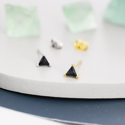 Sterling Silver Black Triangle CZ Crystal Stud Earrings - Silver or Gold, Minimalist Geometric Design