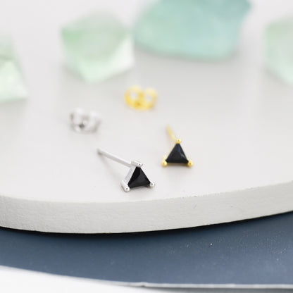 Sterling Silver Black Triangle CZ Crystal Stud Earrings - Silver or Gold, Minimalist Geometric Design