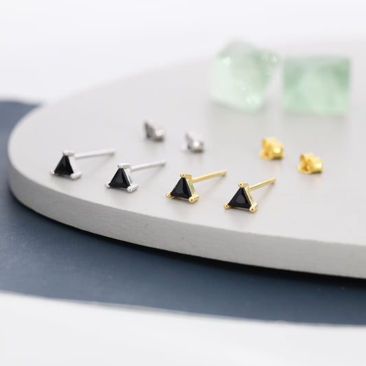 Sterling Silver Black Triangle CZ Crystal Stud Earrings - Silver or Gold, Minimalist Geometric Design