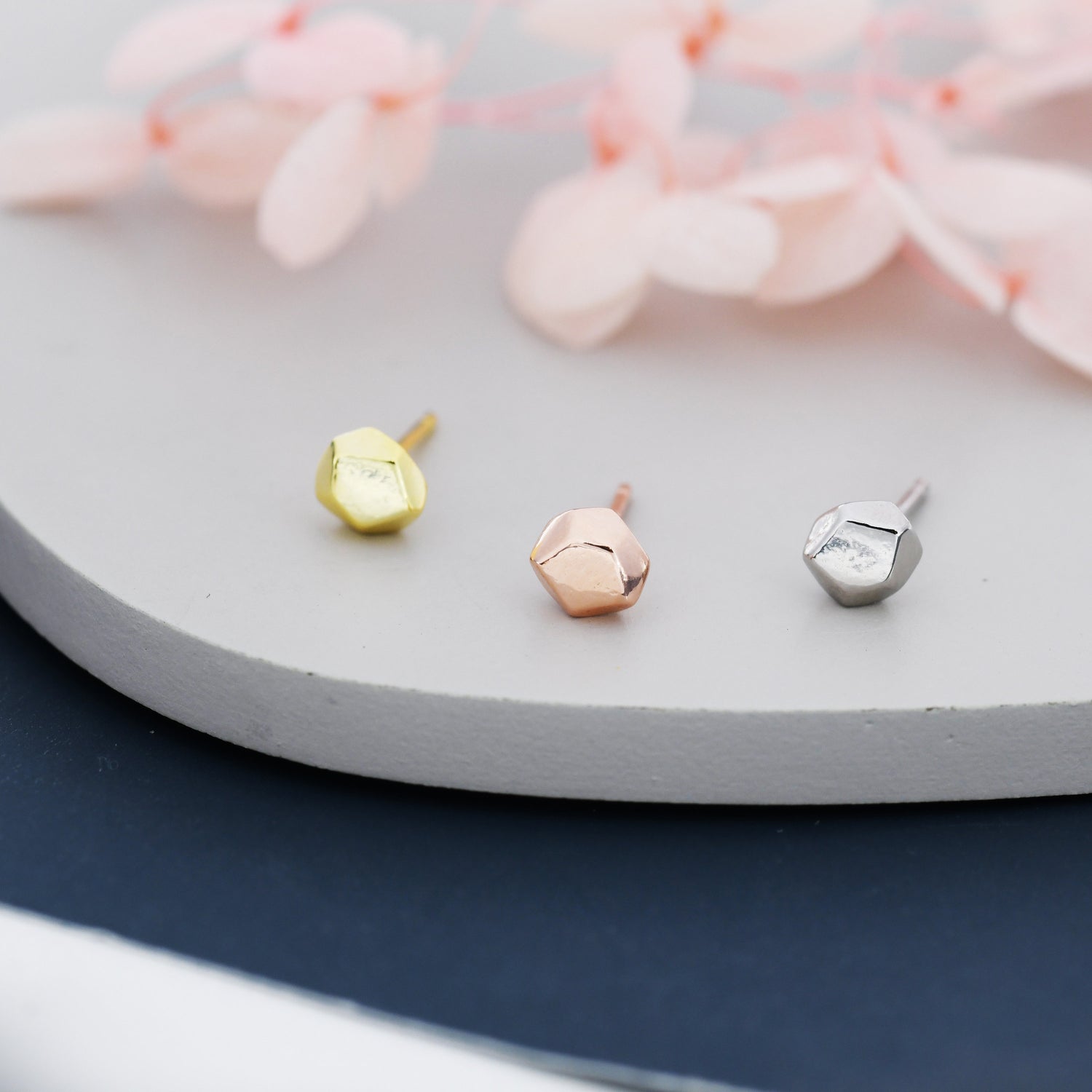 Faceted Nugget Stud Earrings in Sterling Silver, Irregular Shaped Polygon Earrings, Silver, Gold or Rose Gold