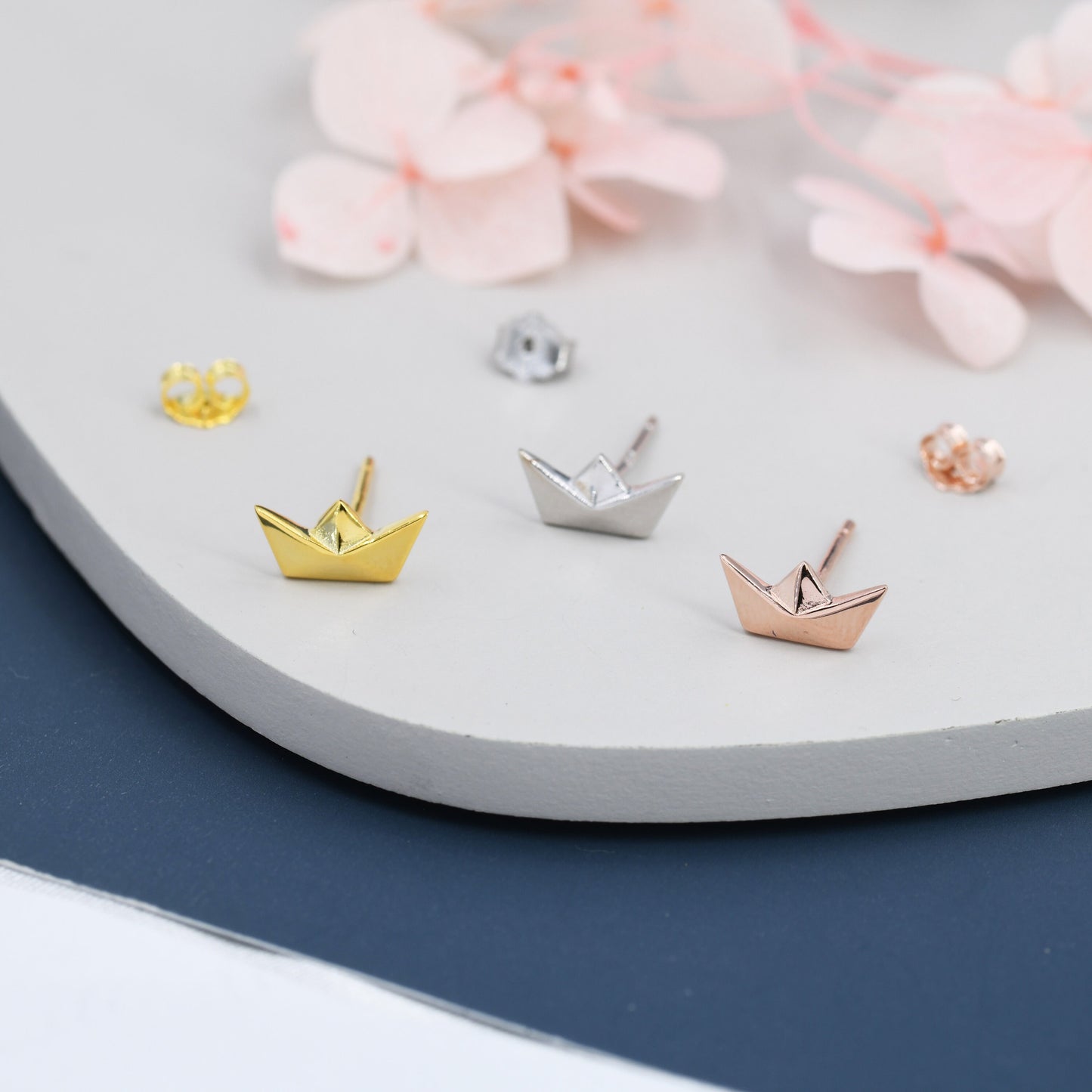 Origami Paper Boat Stud Earrings in Sterling Silver, Silver, Gold or Rose Gold, Boat Earrings, Origami Earrings