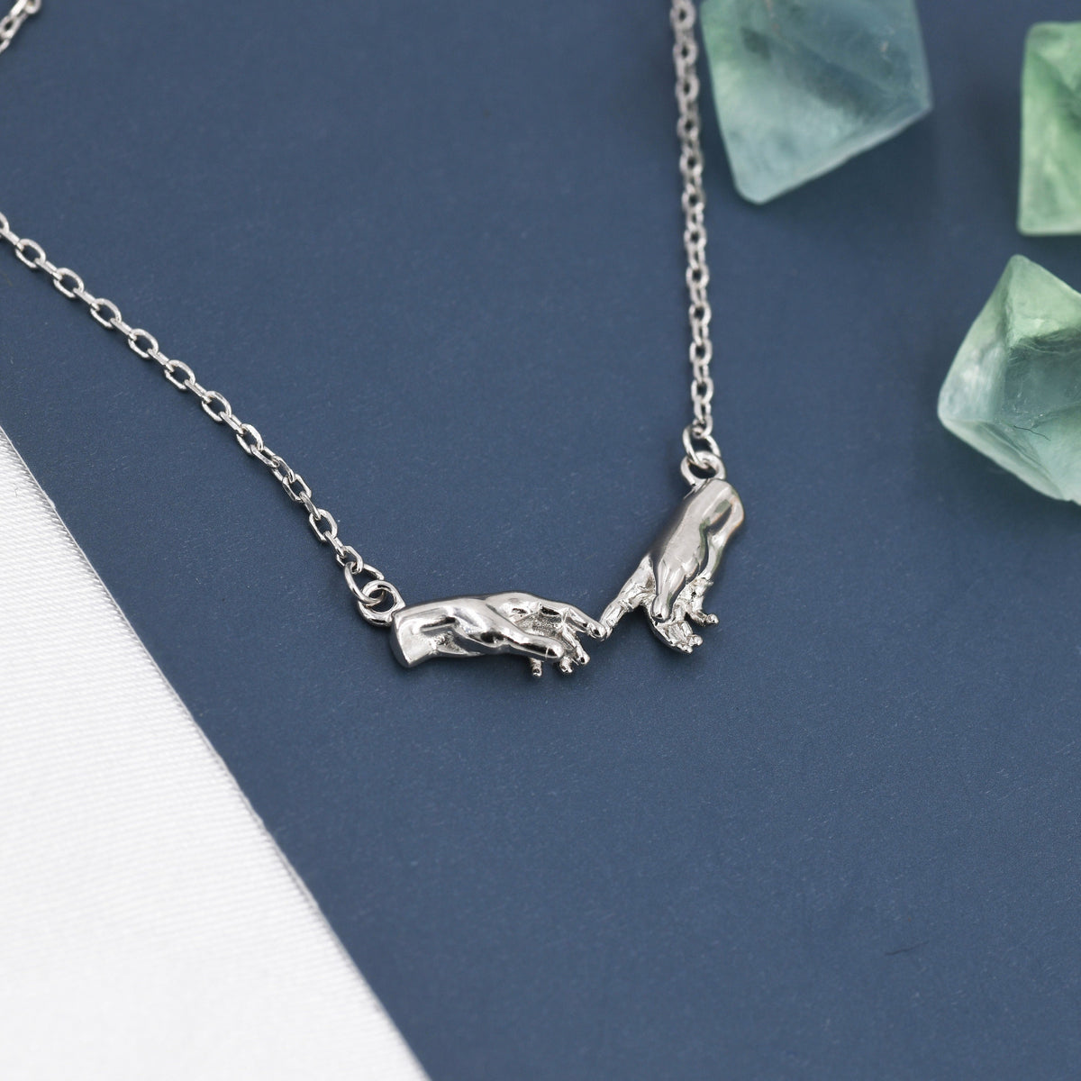 Sterling Silver Hand Necklace, Creation of Adam Necklace, Silver or Gold