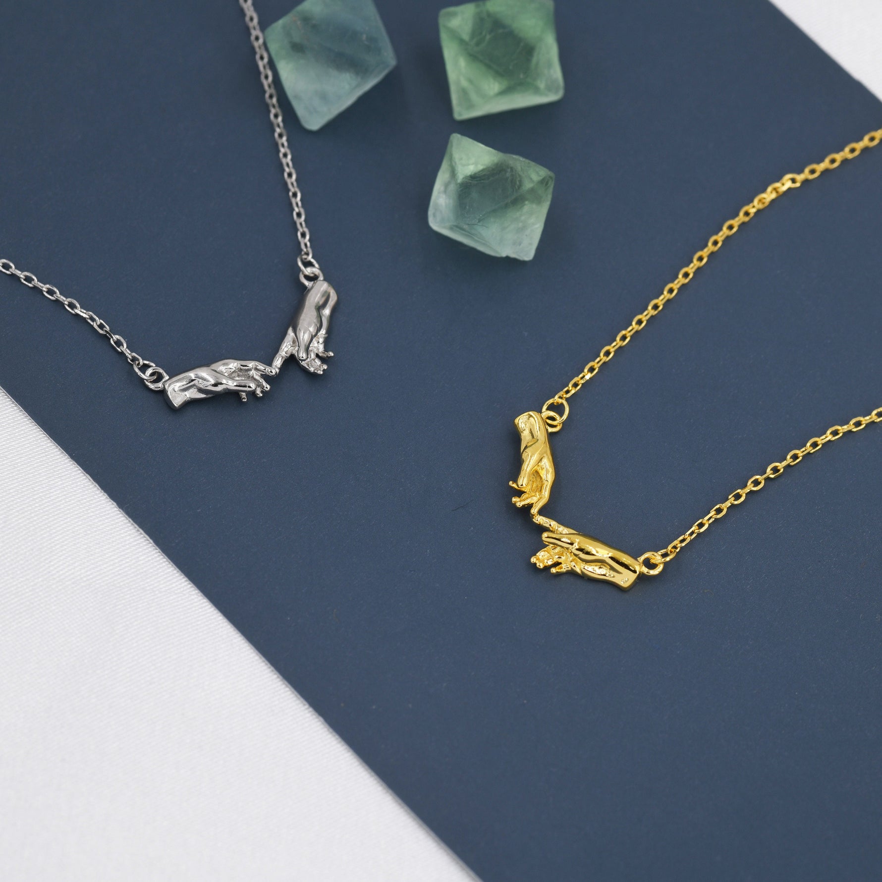 Sterling Silver Hand Necklace, Creation of Adam Necklace, Silver or Gold