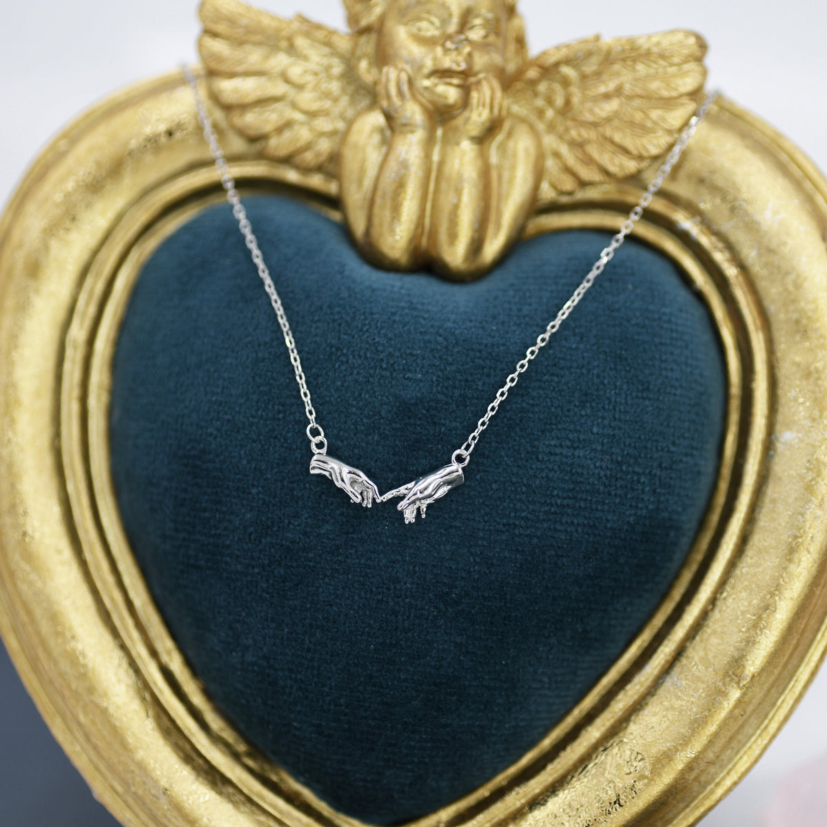 Sterling Silver Hand Necklace, Creation of Adam Necklace, Silver or Gold