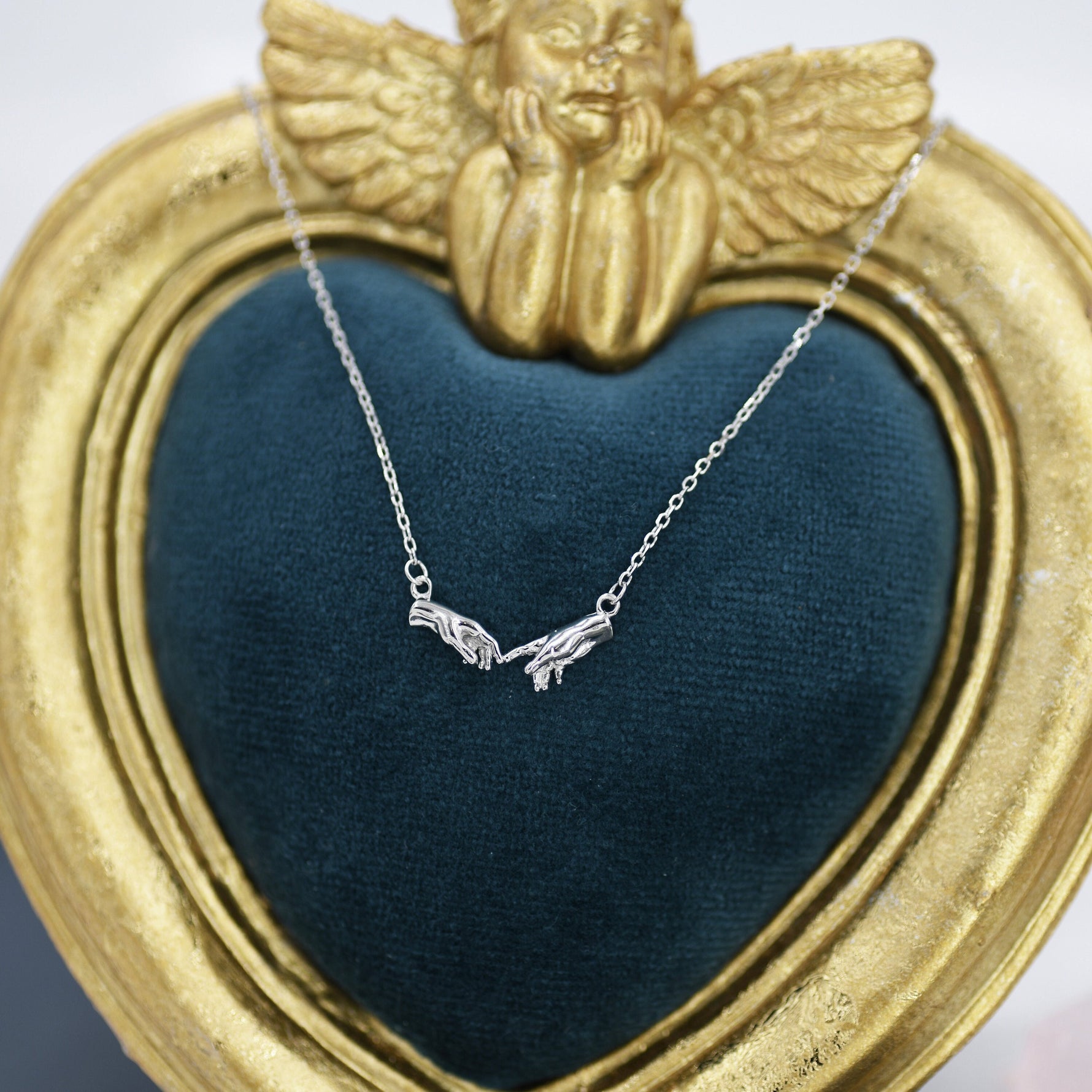 Sterling Silver Hand Necklace, Creation of Adam Necklace, Silver or Gold