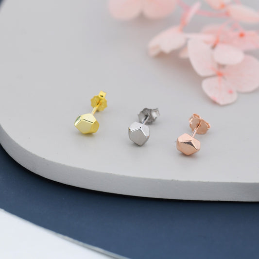 Faceted Nugget Stud Earrings in Sterling Silver, Irregular Shaped Polygon Earrings, Silver, Gold or Rose Gold