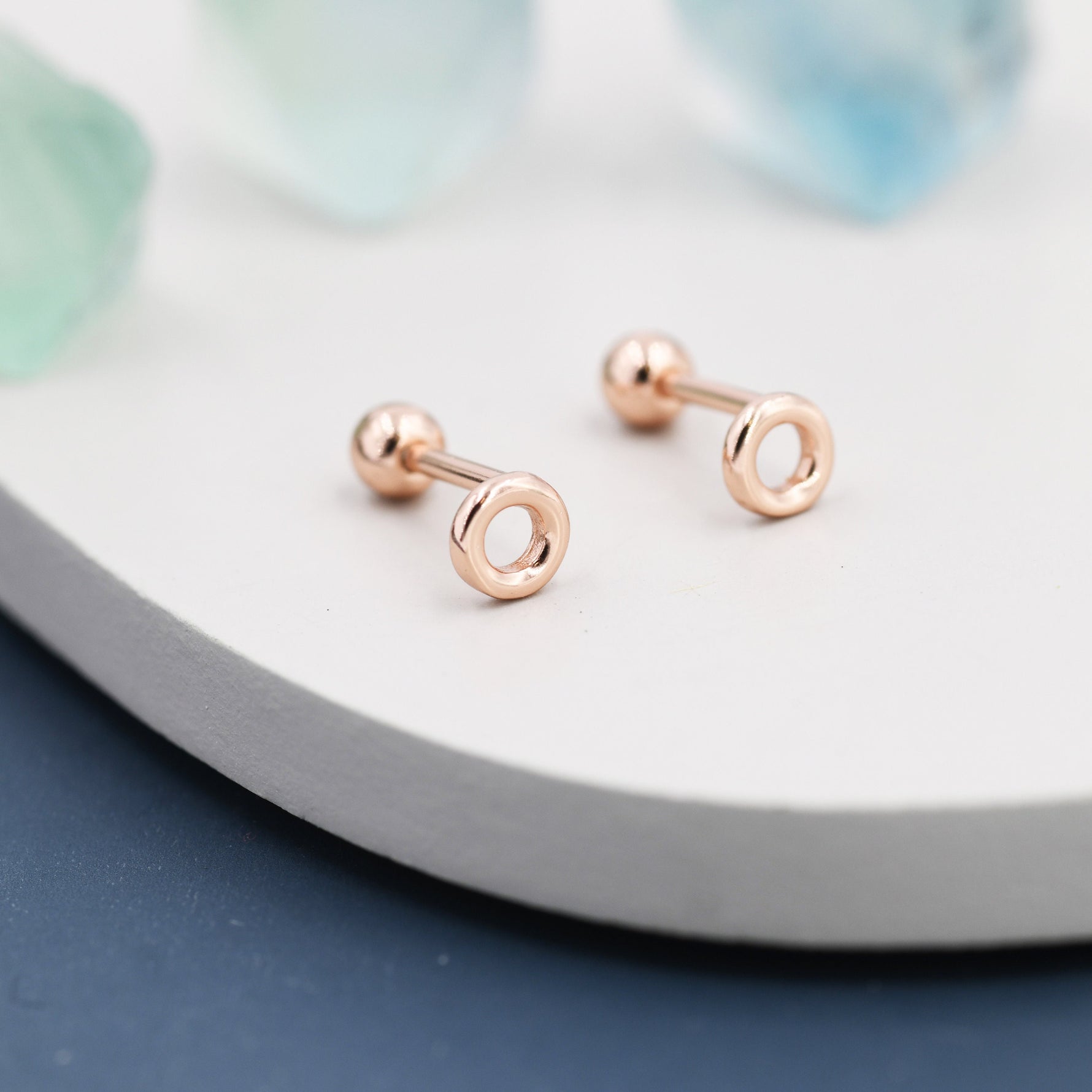Tiny Circle Barbell Earrings in Sterling Silver, Open Circle Screw Back Earrings, Silver, Gold or Rose Gold, Minimalist Geometric Design