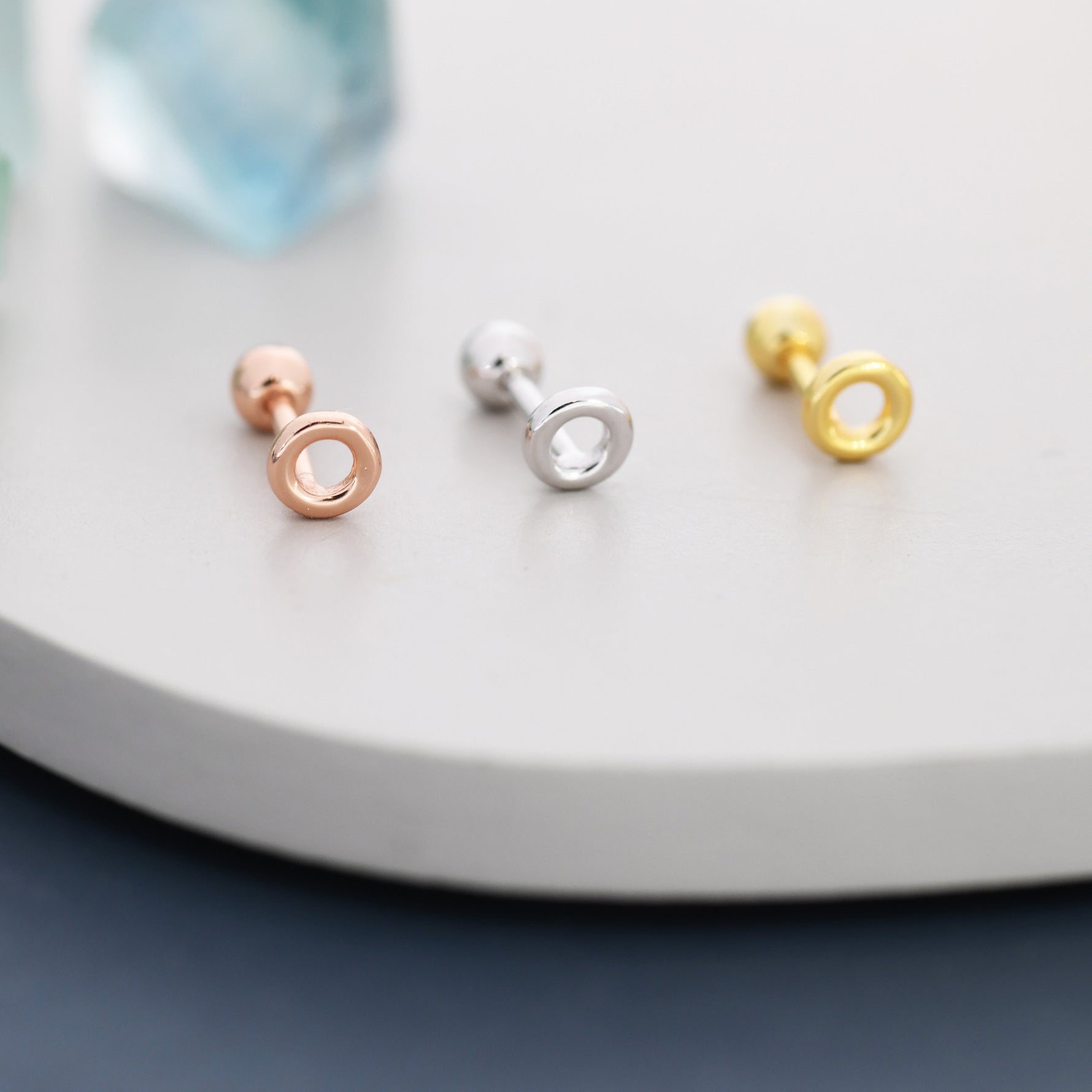 Tiny Circle Barbell Earrings in Sterling Silver, Open Circle Screw Back Earrings, Silver, Gold or Rose Gold, Minimalist Geometric Design