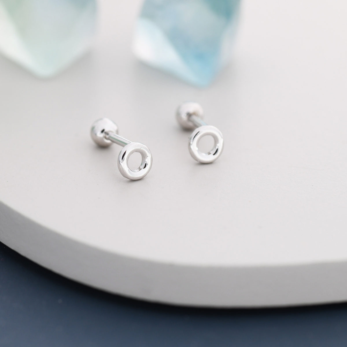 Tiny Circle Barbell Earrings in Sterling Silver, Open Circle Screw Back Earrings, Silver, Gold or Rose Gold, Minimalist Geometric Design