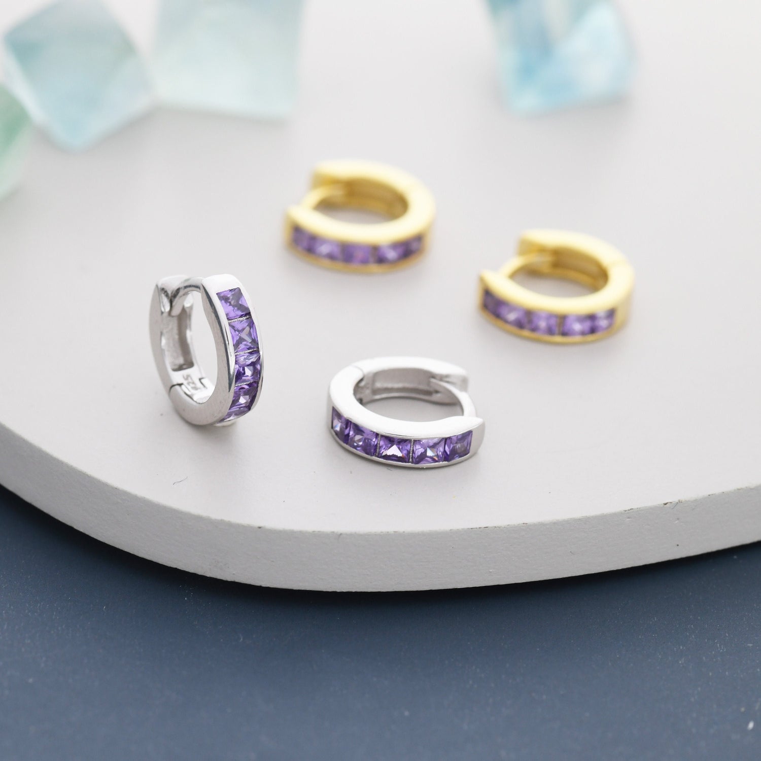 Purple Amethyst CZ  3mm Huggie Hoop in Sterling Silver, Silver or Gold,  7mm Inner Diameter Hoop Earrings, February Birthstone, Princess Cut