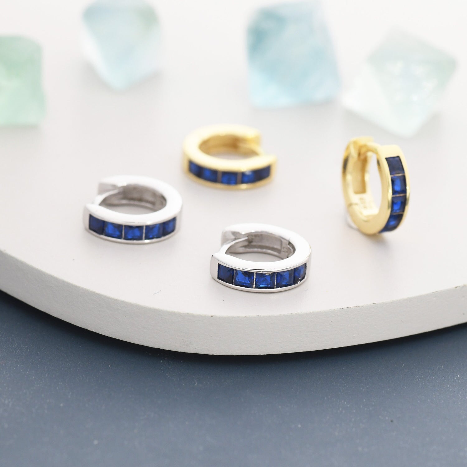 Sapphire Blue CZ  3mm Huggie Hoop in Sterling Silver, Silver or Gold,  7mm Inner Diameter Hoop Earrings, September Birthstone, Princess Cut