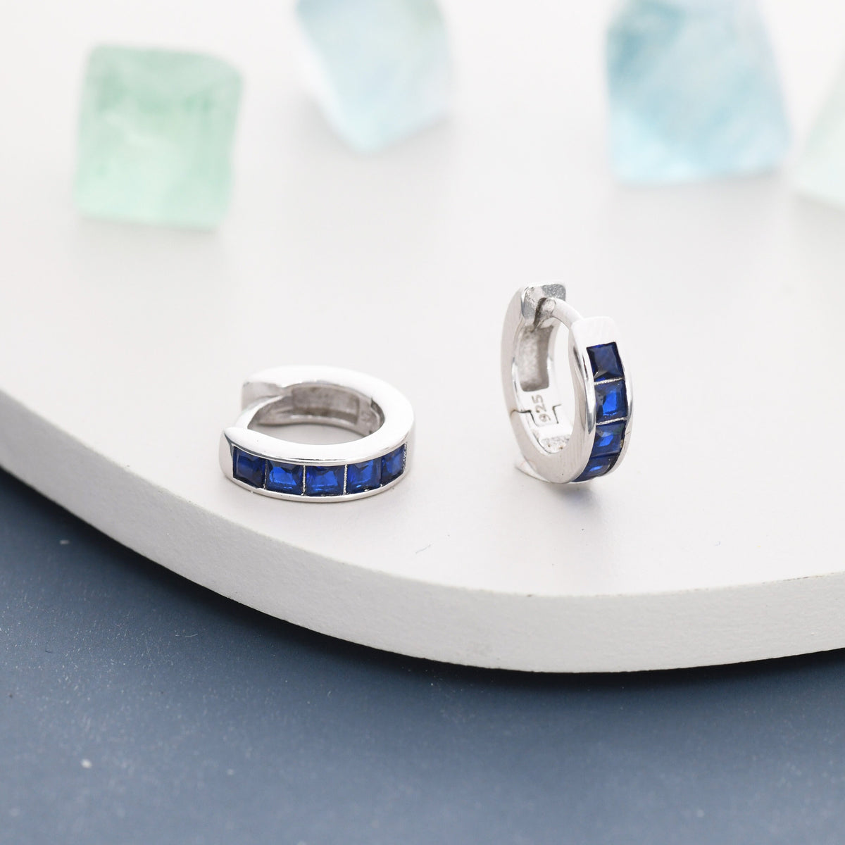 Princess Cut Blue CZ Huggie Hoop Earrings