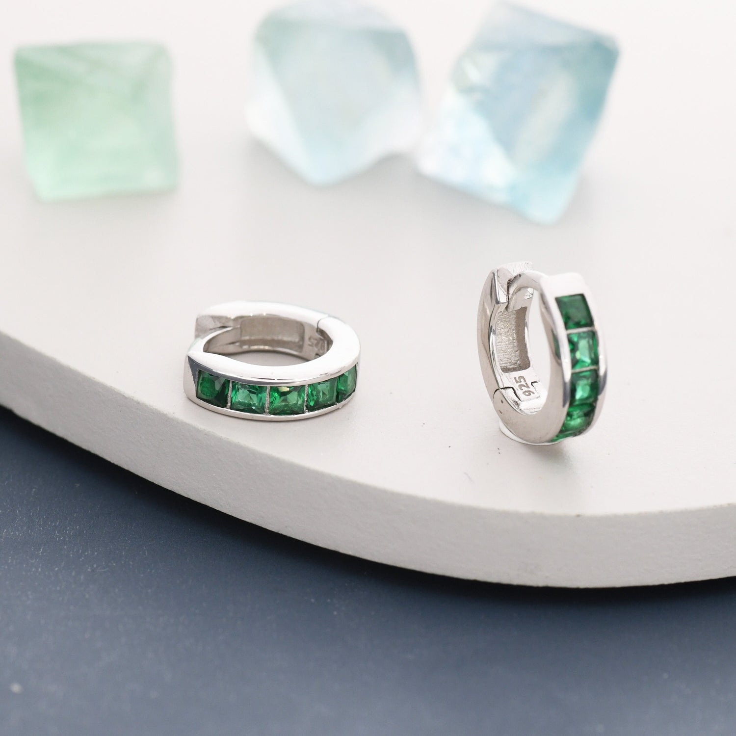 Emerald Green CZ 3mm Huggie Hoop in Sterling Silver, Silver or Gold,  7mm Inner Diameter Hoop Earrings, May Birthstone, Princess Cut