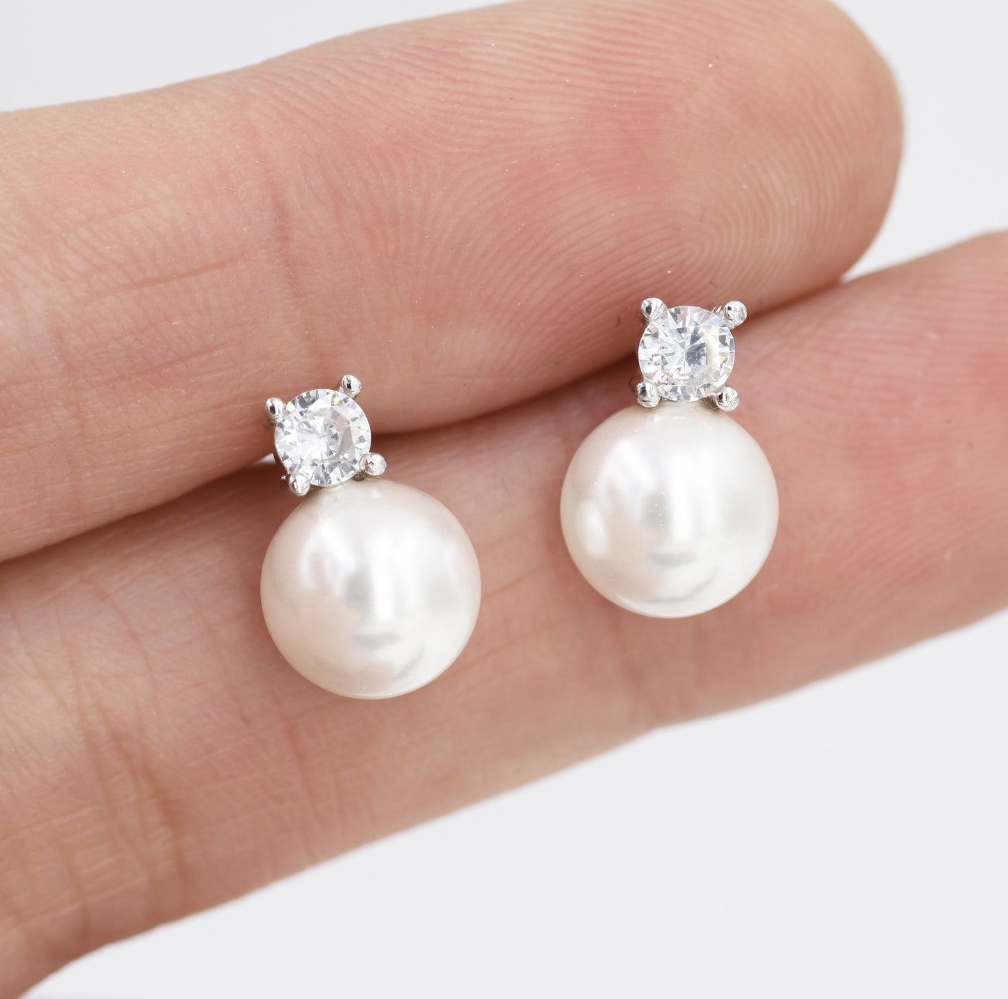 Sterling Silver Pearl and CZ Stud Earrings, Bridal Earrings, Bridesmaid&#39;s Earrings, Silver Pearl Earrings