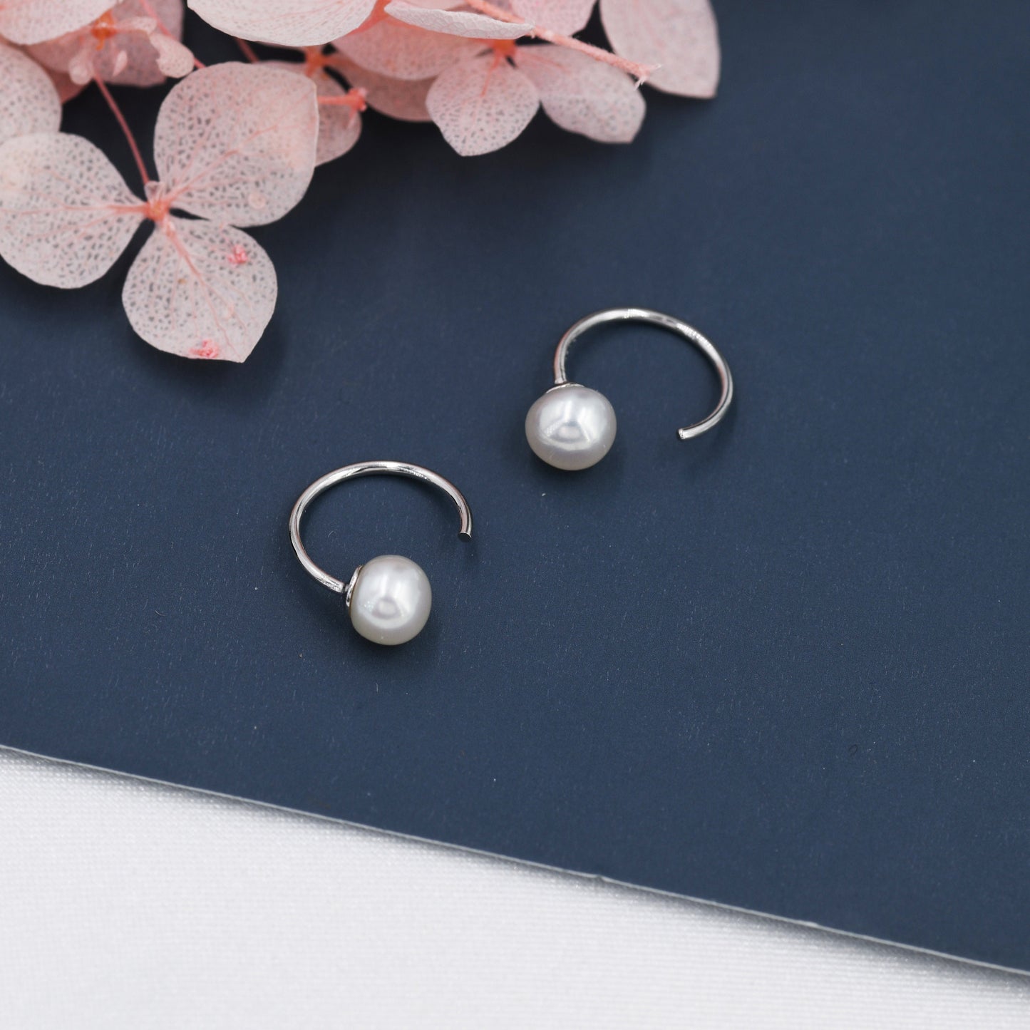 Pearl Huggie Hoops in Sterling Silver, Genuine Freshwater Pearl Semi Hoop Earrings, Open Hoop Earrings, Natural Pearl Hoops