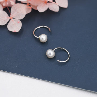 Pearl Huggie Hoops in Sterling Silver, Genuine Freshwater Pearl Semi Hoop Earrings, Open Hoop Earrings, Natural Pearl Hoops