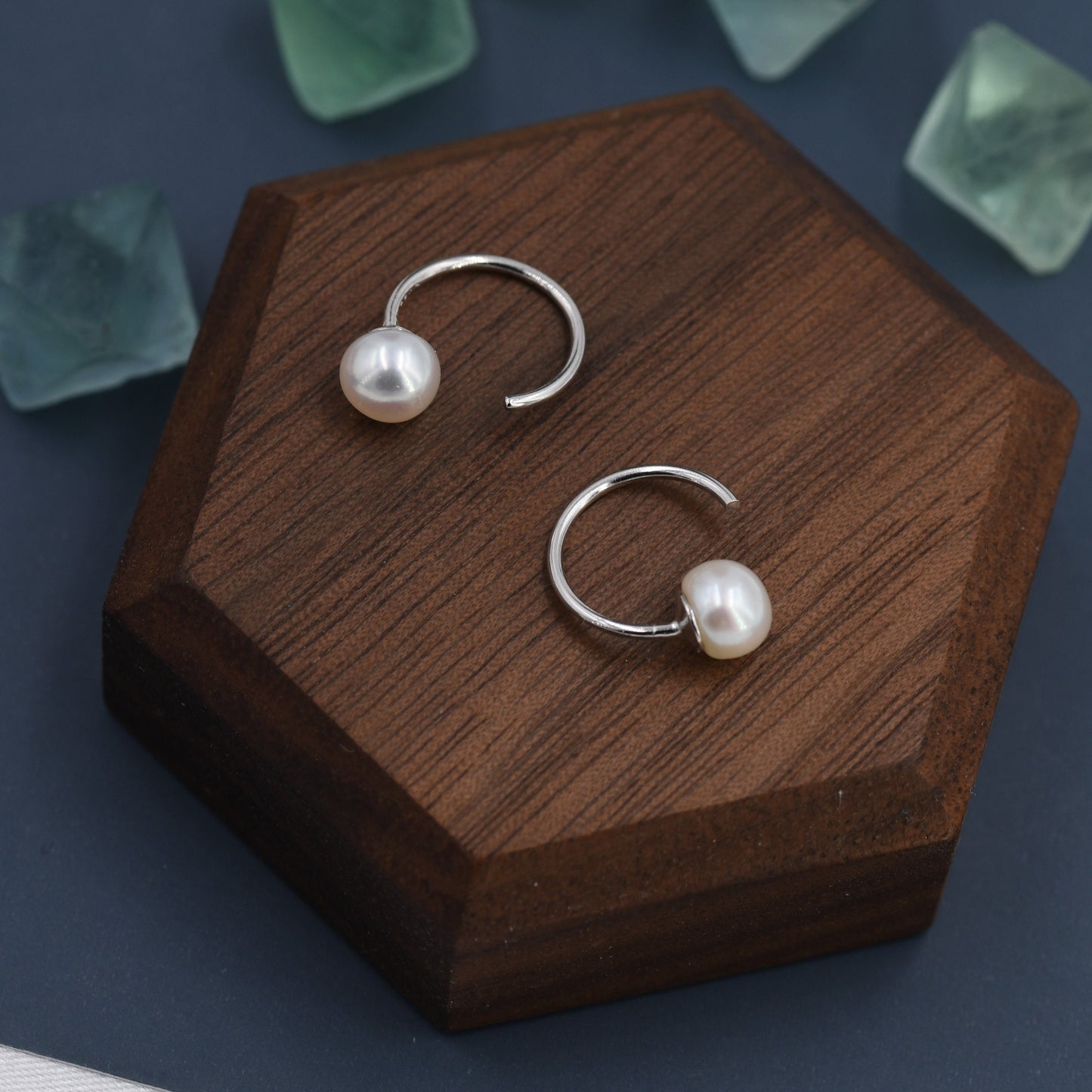 Pearl Huggie Hoops in Sterling Silver, Genuine Freshwater Pearl Semi Hoop Earrings, Open Hoop Earrings, Natural Pearl Hoops