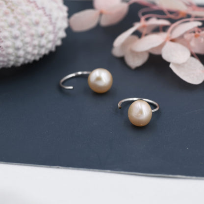 Pink Pearl Huggie Hoops in Sterling Silver, Genuine Freshwater Pearl Semi Hoop Earrings, Open Hoop Earrings, Natural Pearl Hoops