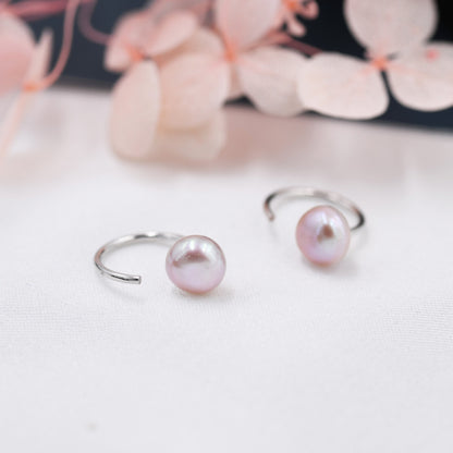 Lilac Purple Pearl Huggie Hoops in Sterling Silver, Genuine Freshwater Pearl Semi Hoop Earrings, Open Hoop Earrings, Natural Pearl Hoops