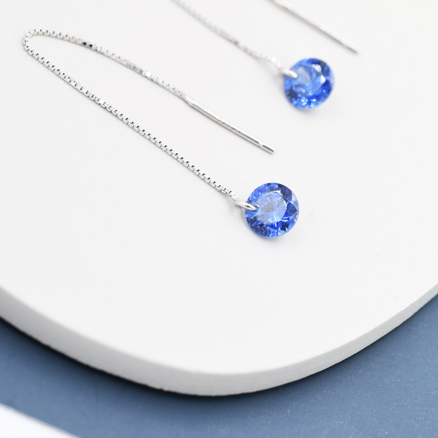 Sapphire Blue CZ Dot Threader Earrings in Sterling Silver,  Minimalist Ear Threaders, September Birthstone