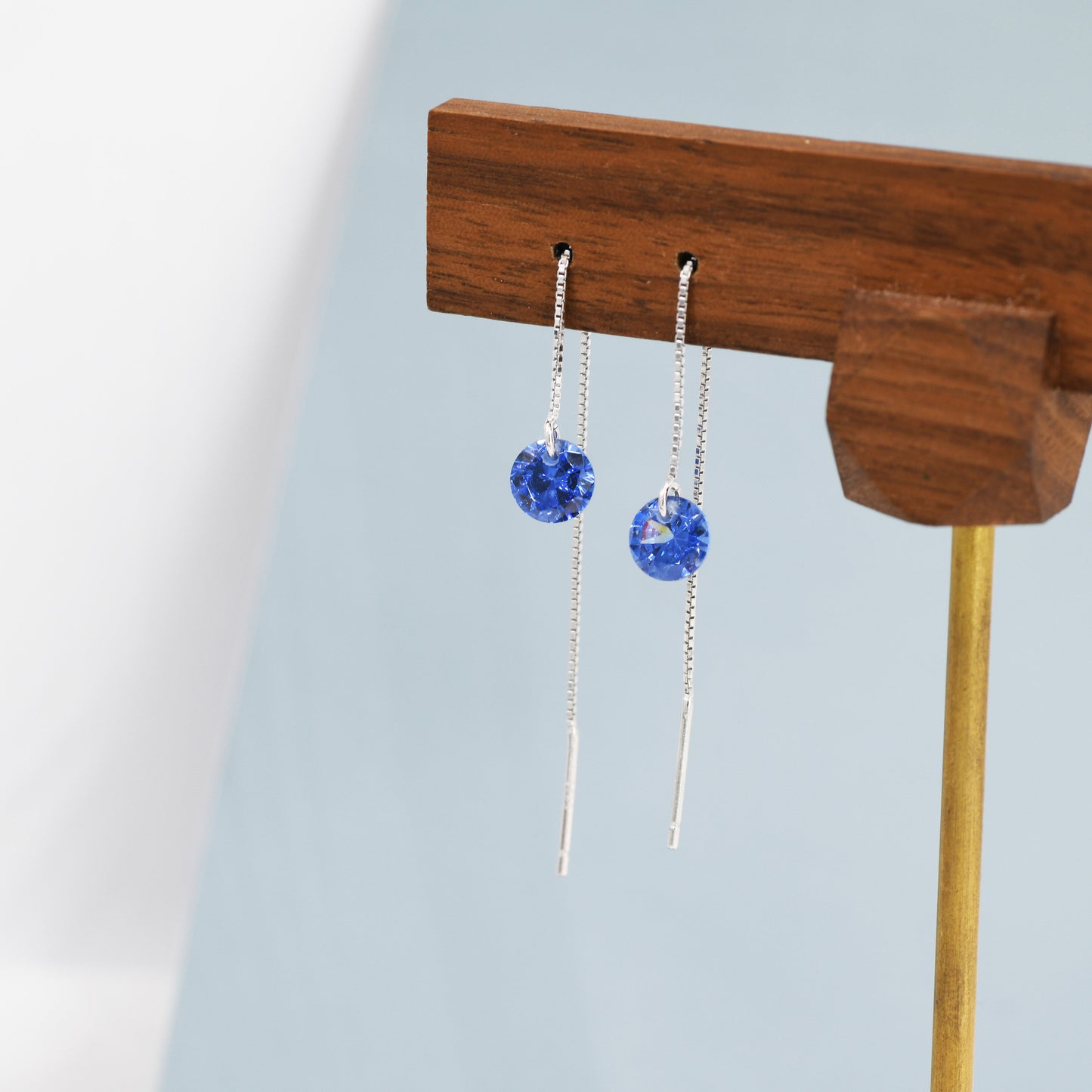 Sapphire Blue CZ Dot Threader Earrings in Sterling Silver,  Minimalist Ear Threaders, September Birthstone