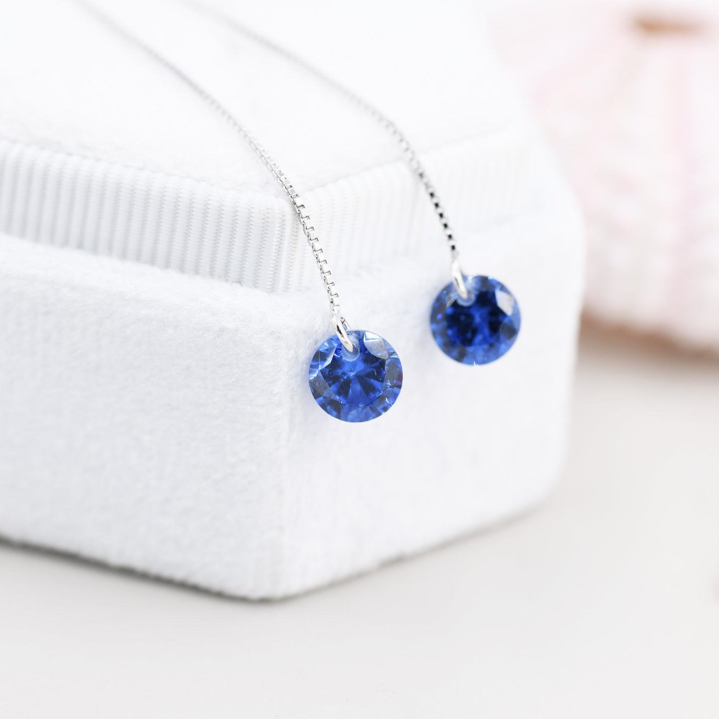 Sapphire Blue CZ Dot Threader Earrings in Sterling Silver,  Minimalist Ear Threaders, September Birthstone