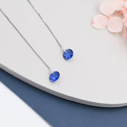 Sapphire Blue CZ Dot Threader Earrings in Sterling Silver,  Minimalist Ear Threaders, September Birthstone